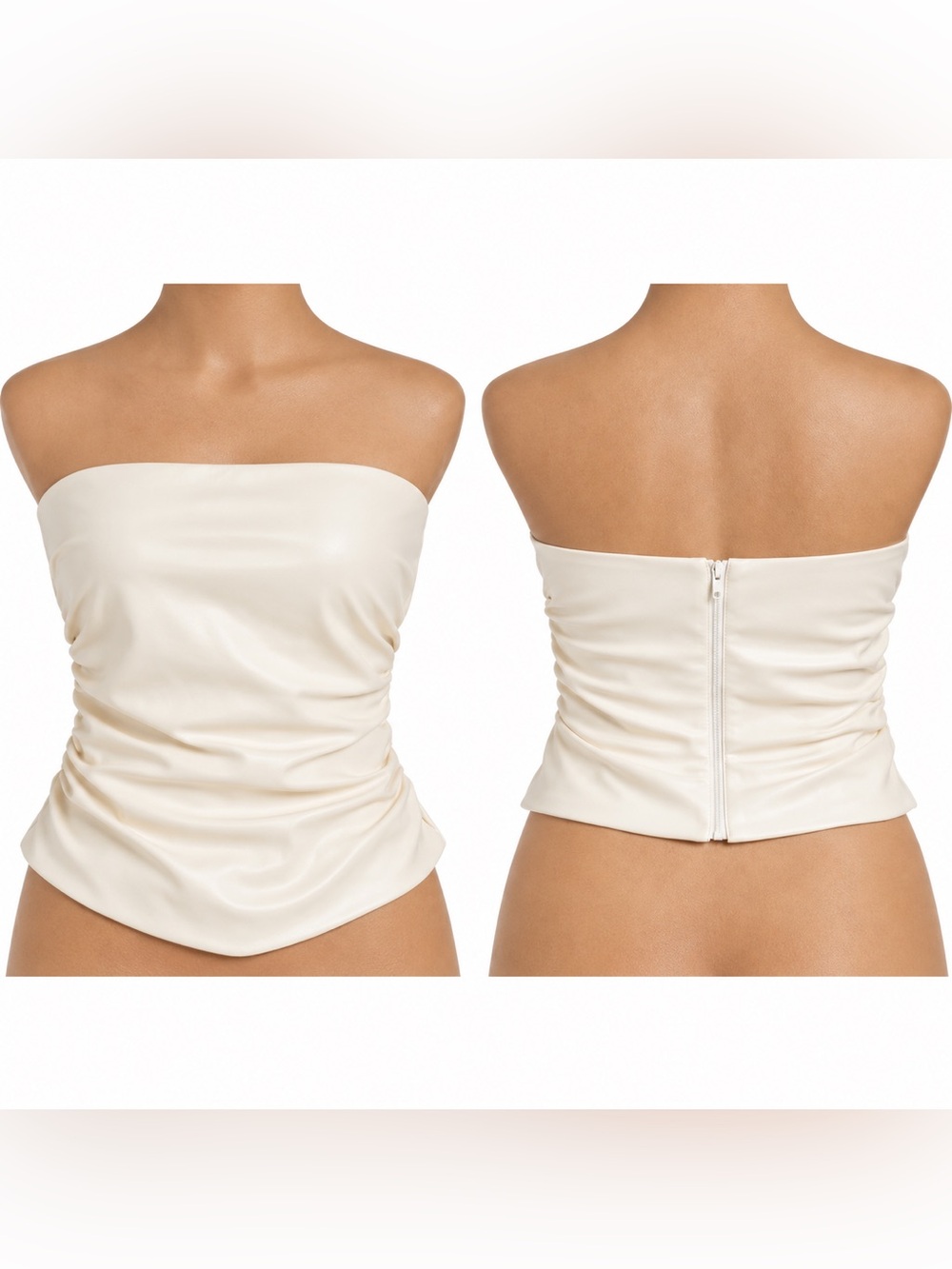 Amanda Uprichard Faux Leather Strapless Ruched Going‎ Out Top Ivory Medium